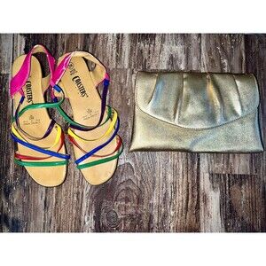 90s Rainbow sandals coasters size 9 & Vintage Gold Clutch